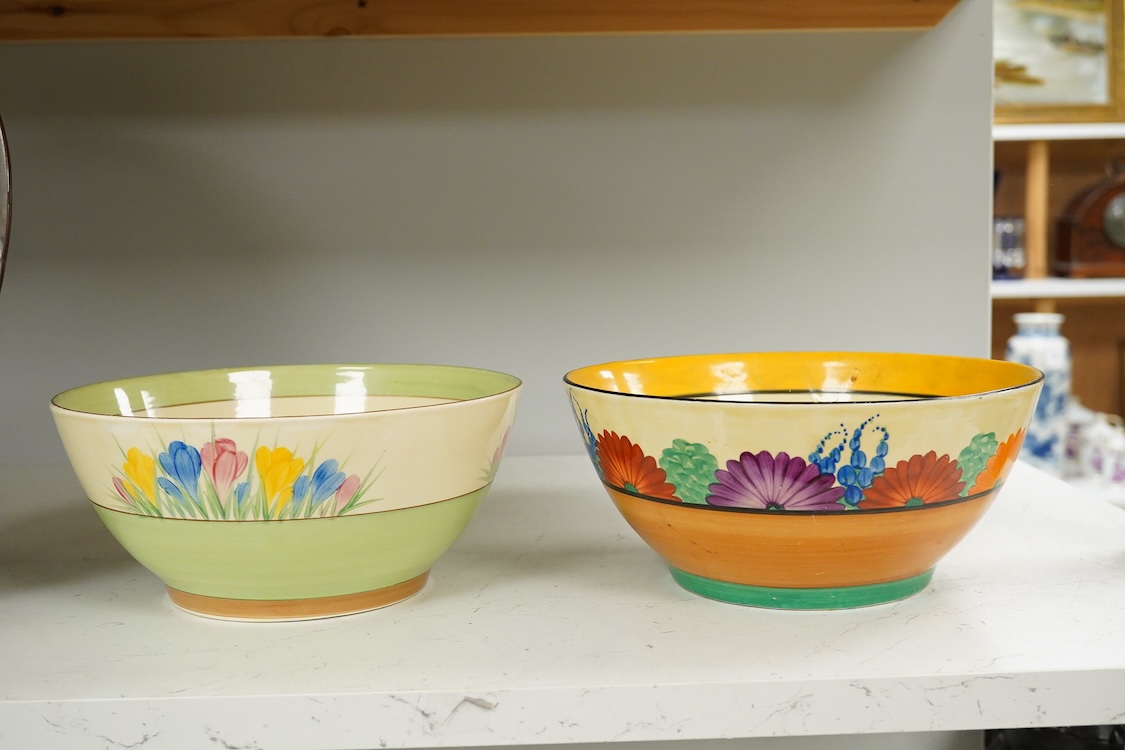 Two Clarice Cliff bowls comprising Crocus pattern and Gayday Bizarre pattern, each 22cm in diameter